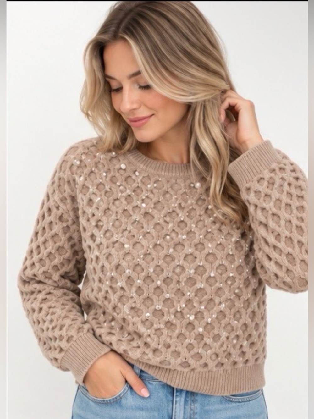 Cielo Pearl Embellished Textured Knit Sweater Beige Medium
